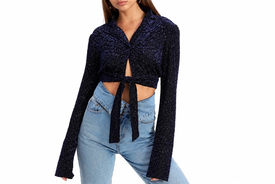 LIONESS Women's Tie-Front Velvet Blouse with Pocket, Size M, Navy/Burnout,