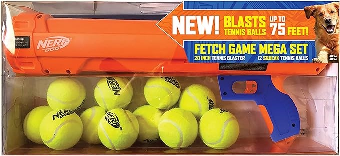 NERF Dog Fetch Game Mega Set Dog Toy, Includes 20 Inch Tennis Ball Blaster