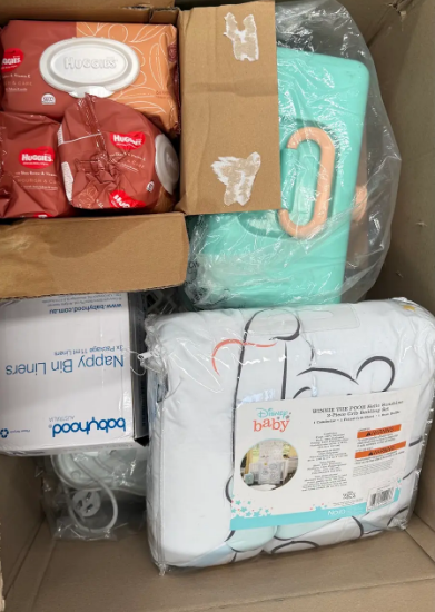 Assorted Box of Baby Items incl: Huggies Wipes, Winnie The Pooh Crib set an