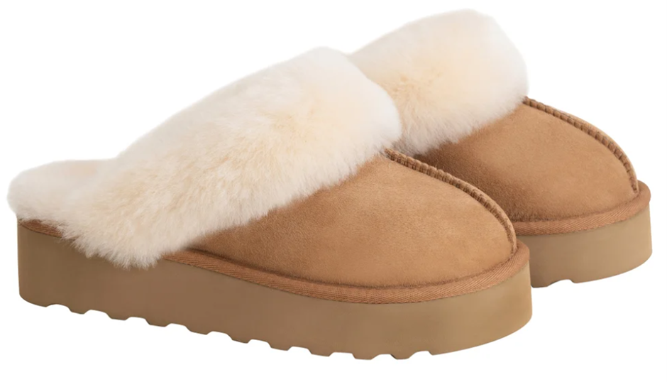 SIGNATURE Women's Shearling Platform Slippers, Size US11 / EU42, Tan.
