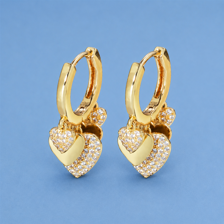 Multi Love Heart Charm 18K Gold Plated AAA+ Cubic Zirconia Earrings