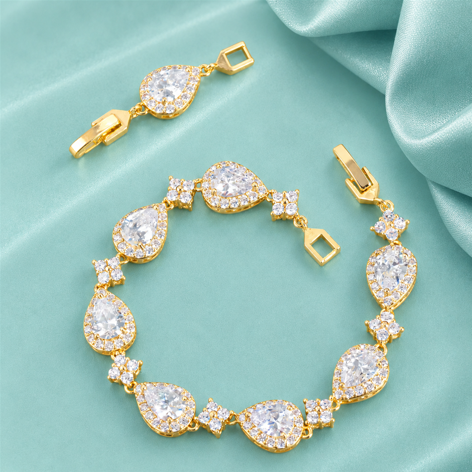 18K Gold Plated Tear Drop Link AAA+ Cubic Zirconia Bracelet