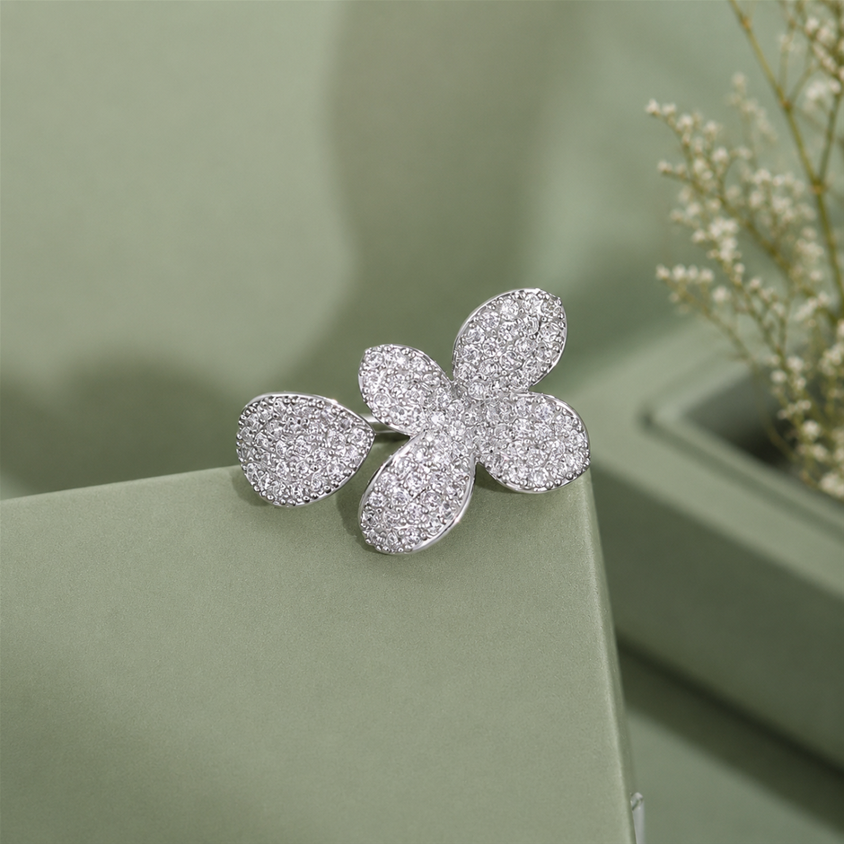 Open Leaf and Flower AAA+ Cubic Zirconia Ring