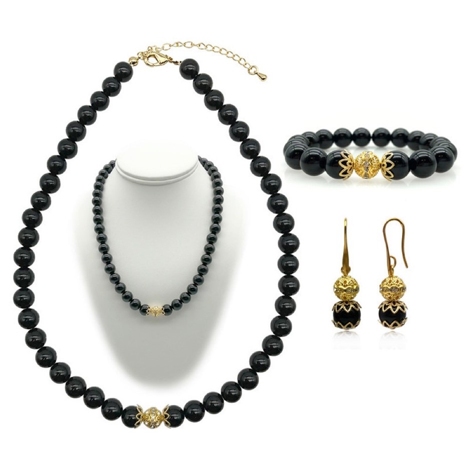 10mm Black Agate Persian Love Gold Plated Rhinestone Jewellery Set