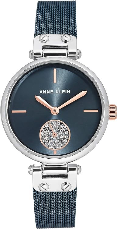 ANNE KLEIN Women's Premium Crystal Accented Mesh Bracelet Watch, Blue/Silve