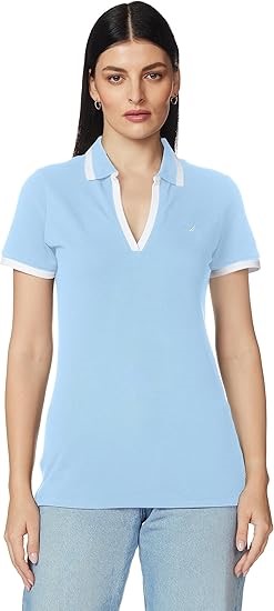 NAUTICA Women's Fit Striped V-Neck Collar Polo Shirt, Size M, Della Robbia