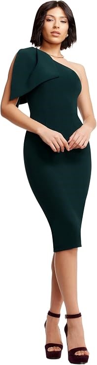 DRESS THE POPULATION Women's Tiffany One Shoulder Bow Detail Midi Sheath Dr