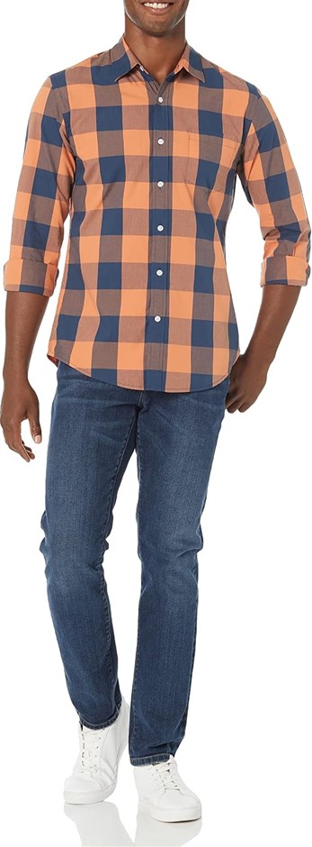 AMAZON ESSENTIALS Men's Slim-Fit LS Poplin Shirt, Size 2XL, Blue/Orange, Bu