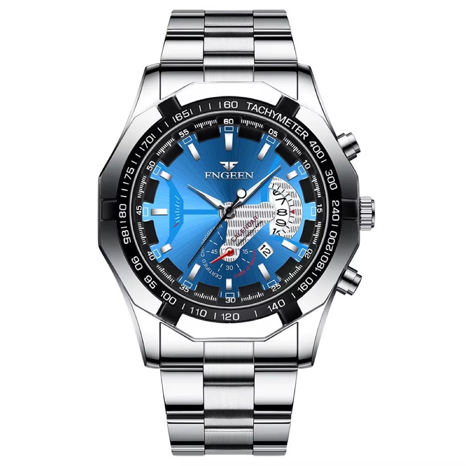 Men's Quartz Watch with Calander Date, Silver/Blue