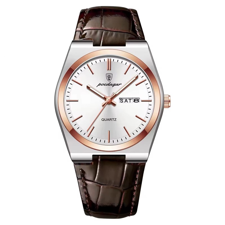 Luxury Quartz Watch for Men, Calendar with Leather Strap, Silver/Rose Gold