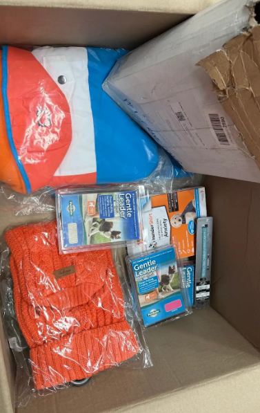 Assorted Box of Dog Items incl: Waterproof Coats, Sweaters, Gentle Collar L