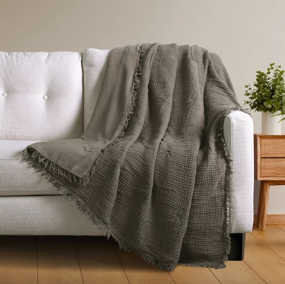 LIFE COMFORT Reversible Cotton to Plush Throw, Grey (W 1524 x H 1778 mm).