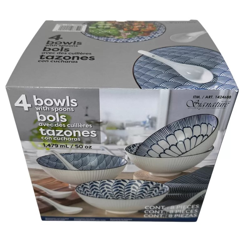 SIGNATURE Bowls With Spoon 8 Piece Set. N.B: Damaged packaging.
