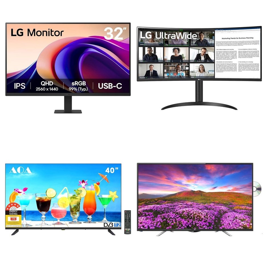 4 x Assorted Monitors & TVs, RRP: $1,524, Incl: 1 x LG 32U631A-B 32" QHD 10