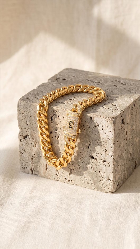 14K-Stamped Yellow Gold Bonded Cuban Bracelet -17.5cm-10mm-Bonus Gift