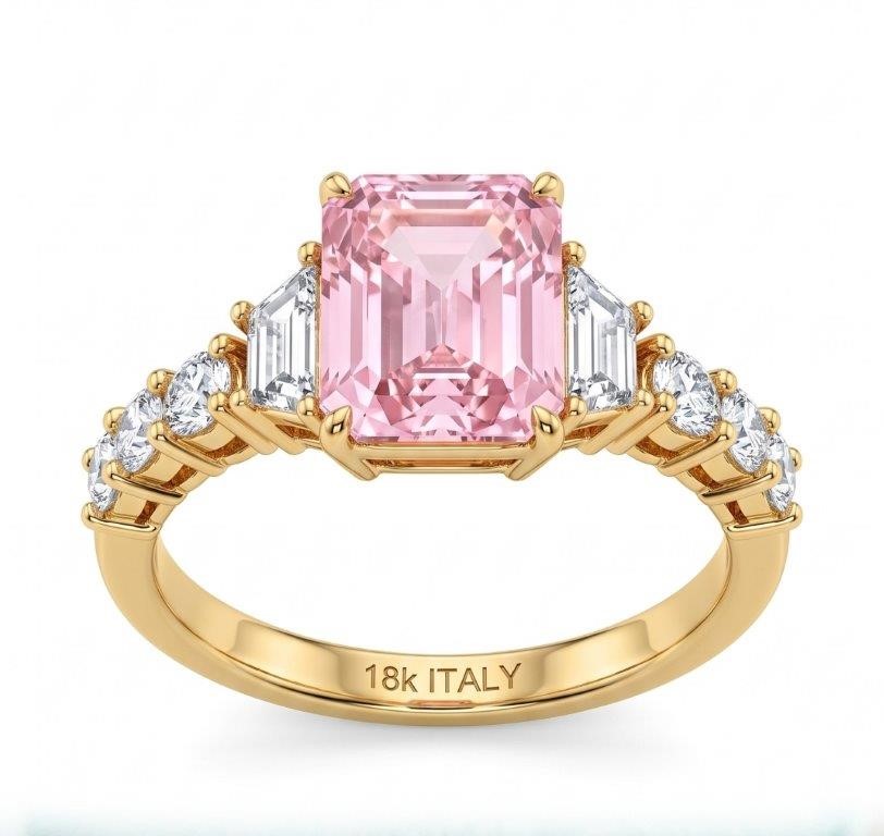 18K/Italy 3.0ctw Pink Emerald Cut Yellow Gold Bonded Ring  Quality-7US