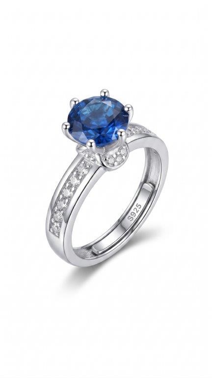 925 Sterling Silver Blue Rounded Brilliant Cut Ring  Simulated Diamonds