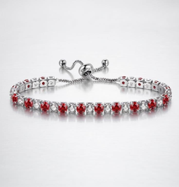 925 Sterling Silver Bracelet White & Red Simulated Diamonds-Adjustable