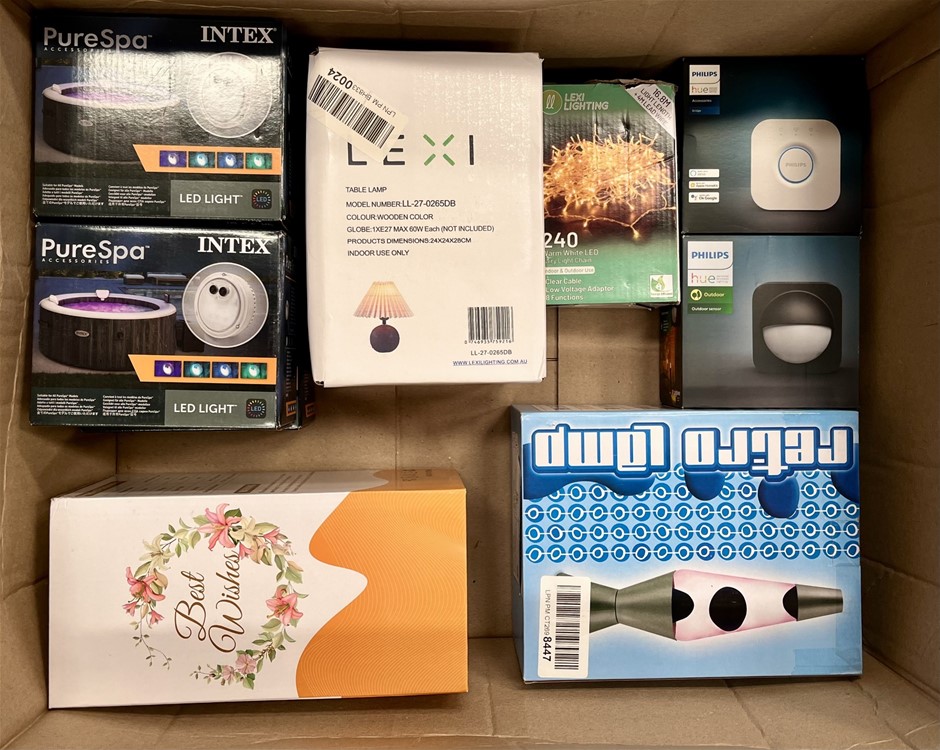Assorted Home Lighting Products Including LEXI LIGHTING, PHILIPS, INTEX & M