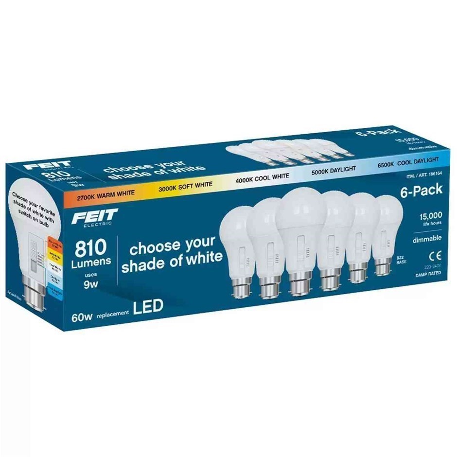 FEIT ELECTRIC 6-Piece LED Light Bulbs, 810 Lumens, 9W, E27 Base.