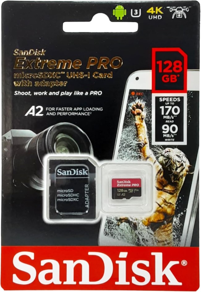 SANDISK Extreme Pro MicroSDXC, SQXCY 128GB, V30, U3, C10, A2, UHS-I, 170MB