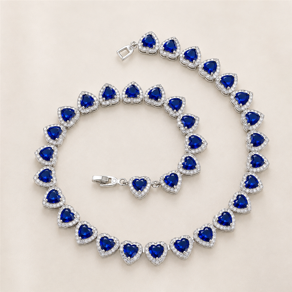 Blue AAA+ Cubic Zirconia Heart Tennis Necklace