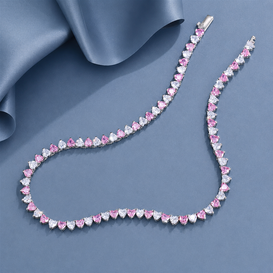 Pink and White Heart AAA+ Cubic Zirconia Tennis Necklace