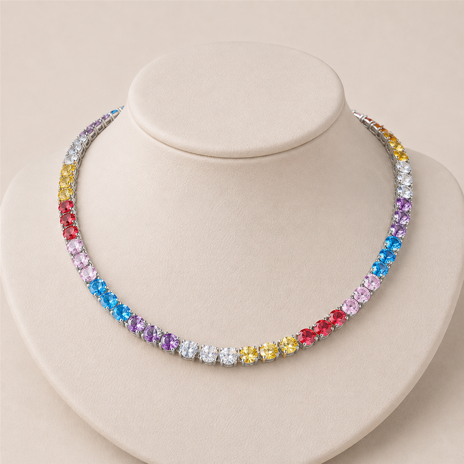 6mm Round Cut Rainbow AAA+ Cubic Zirconia Tennis Necklace