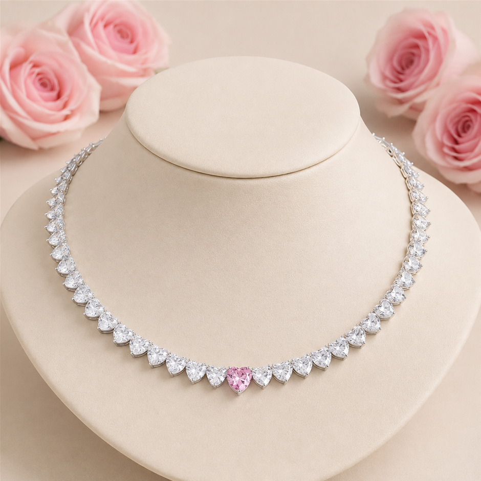 Pink and White Heart AAA+ Cubic Zirconia Necklace