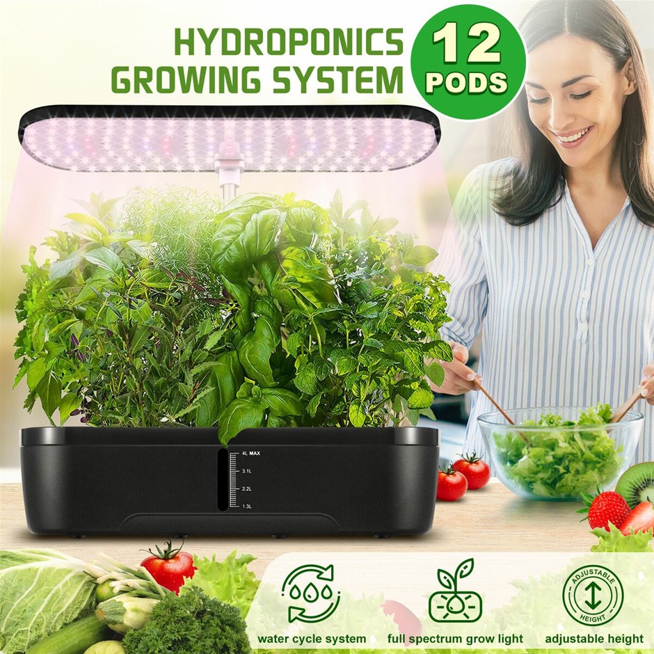 12 Pods Hydroponics Growing System 20W LED Light Water Pump 4L Tank