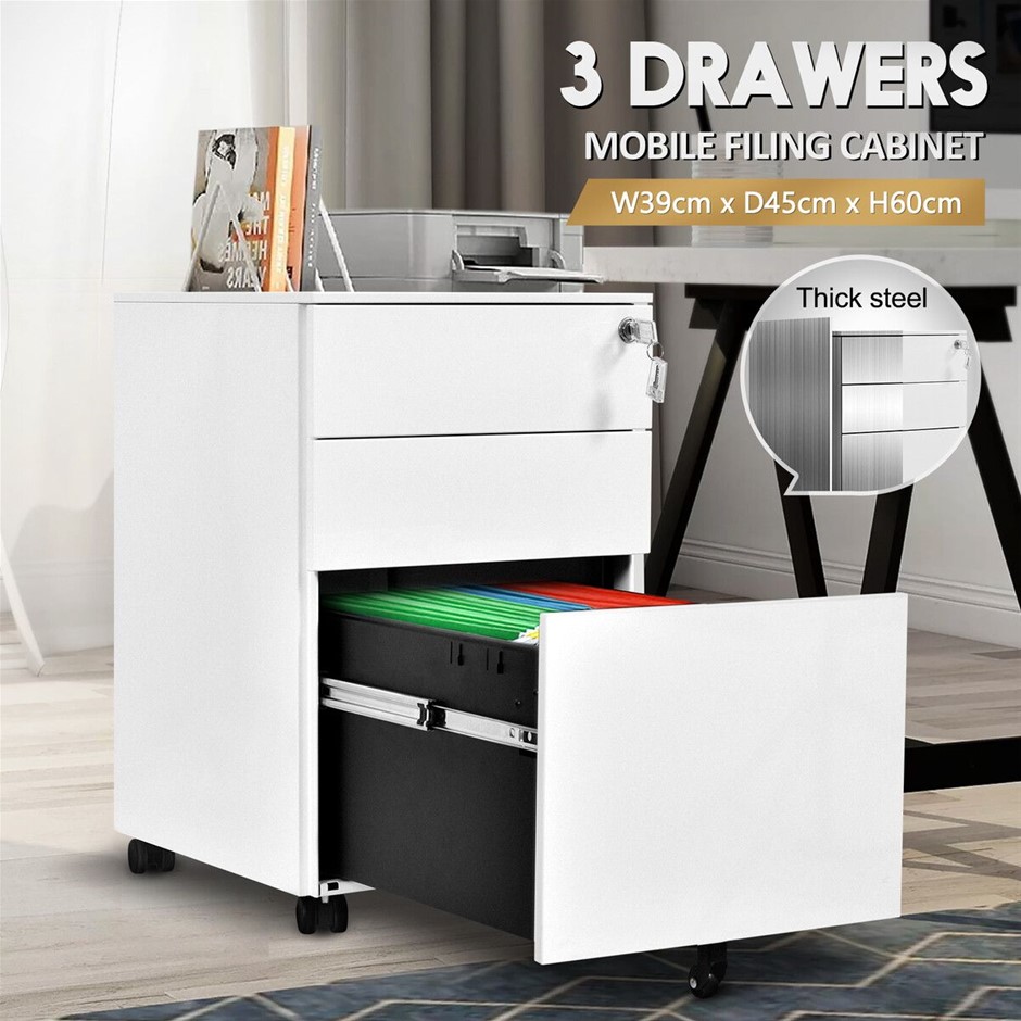 3-Drawer Steel File Cabinet Mobile Locking Under Desk Office Storage White