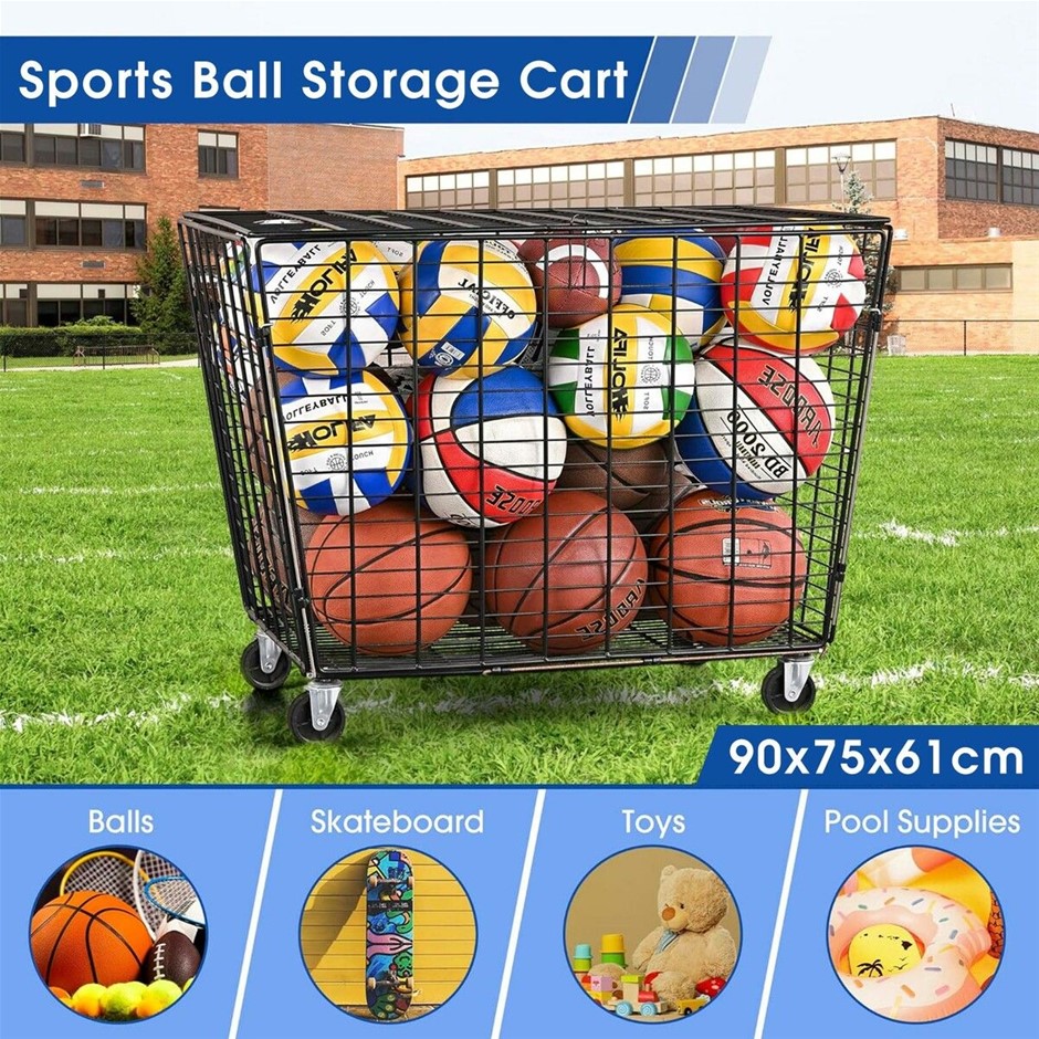XL Lockable Sports Ball Storage Trolley Rolling Cart Metal Basket