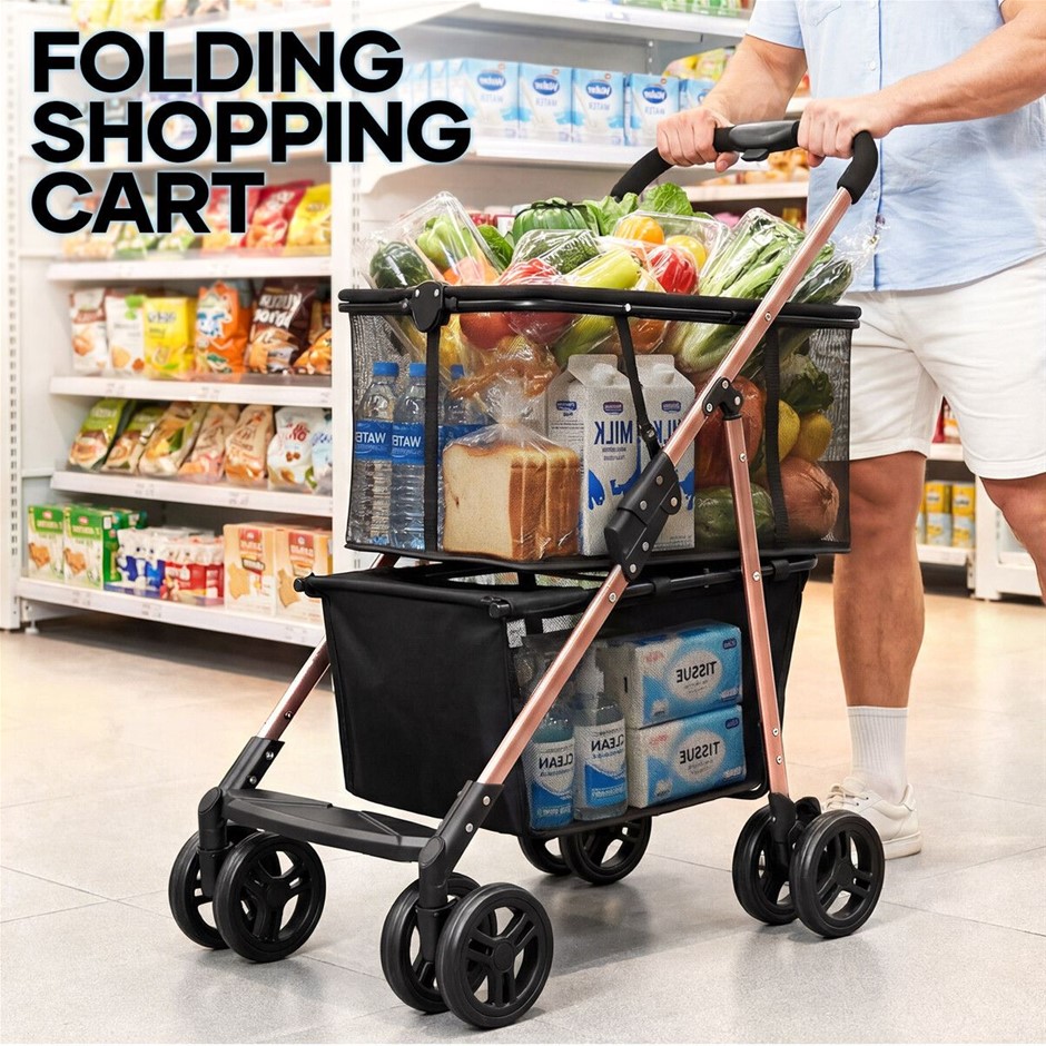 2-Tier Foldable Shopping Trolley Grocery Utility Cart with Wheels