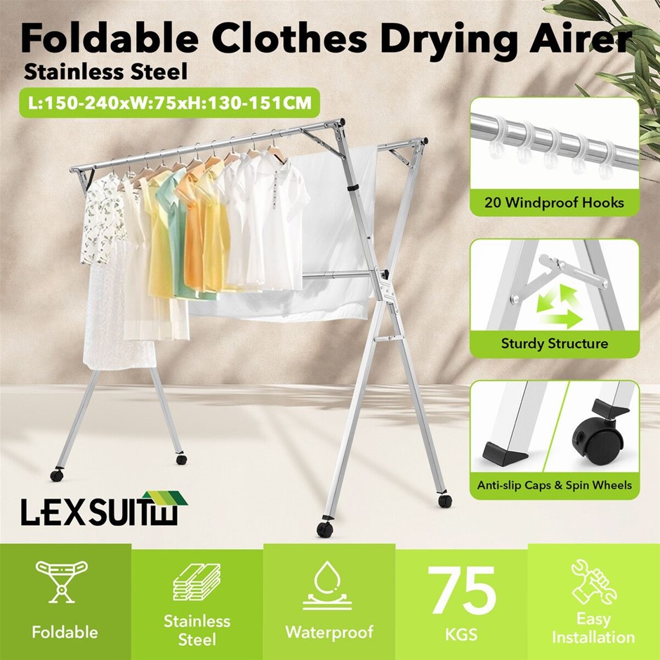 Stainless Steel Folding Adjustable Clothes Drying Rack on Wheels 20 Hooks