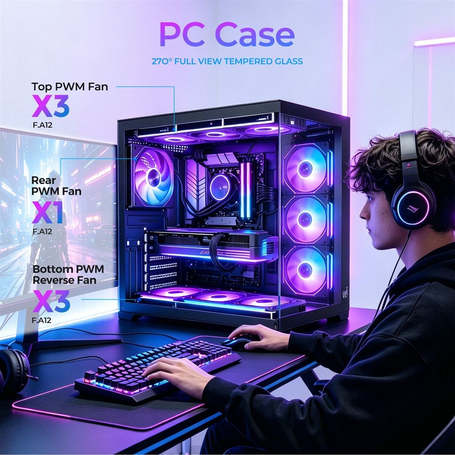 ATX Gaming PC Case Mid Tower Dual Chamber 7 ARGB PWM Fans USB-C 360mm
