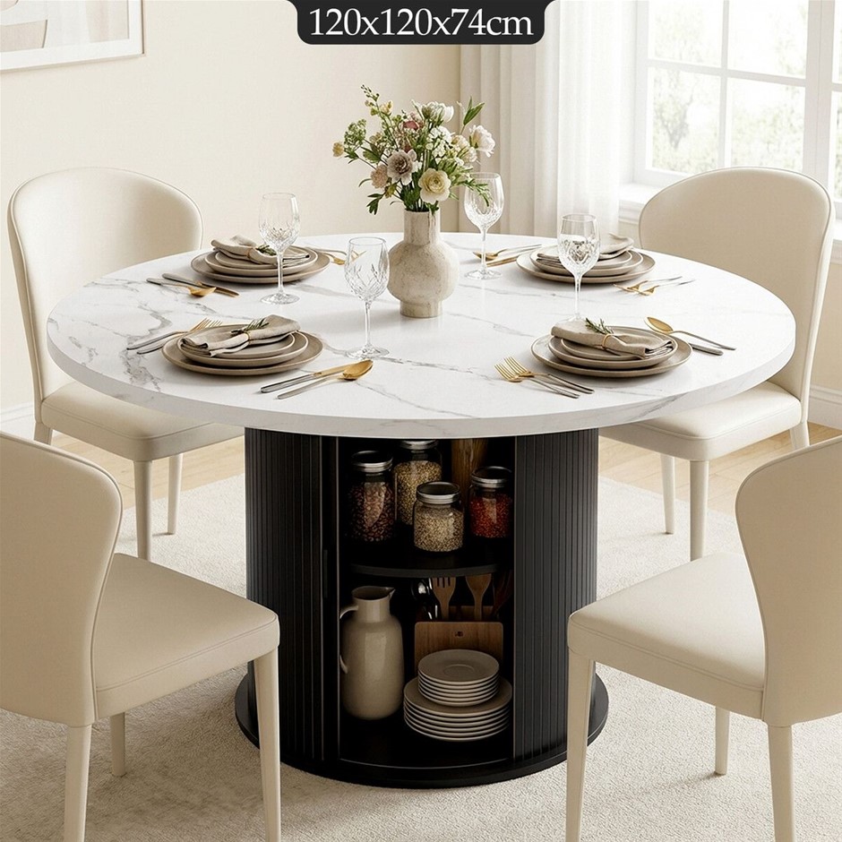 120cm Round Dining Table Marble Top with 2 Tier Storage Metal Base