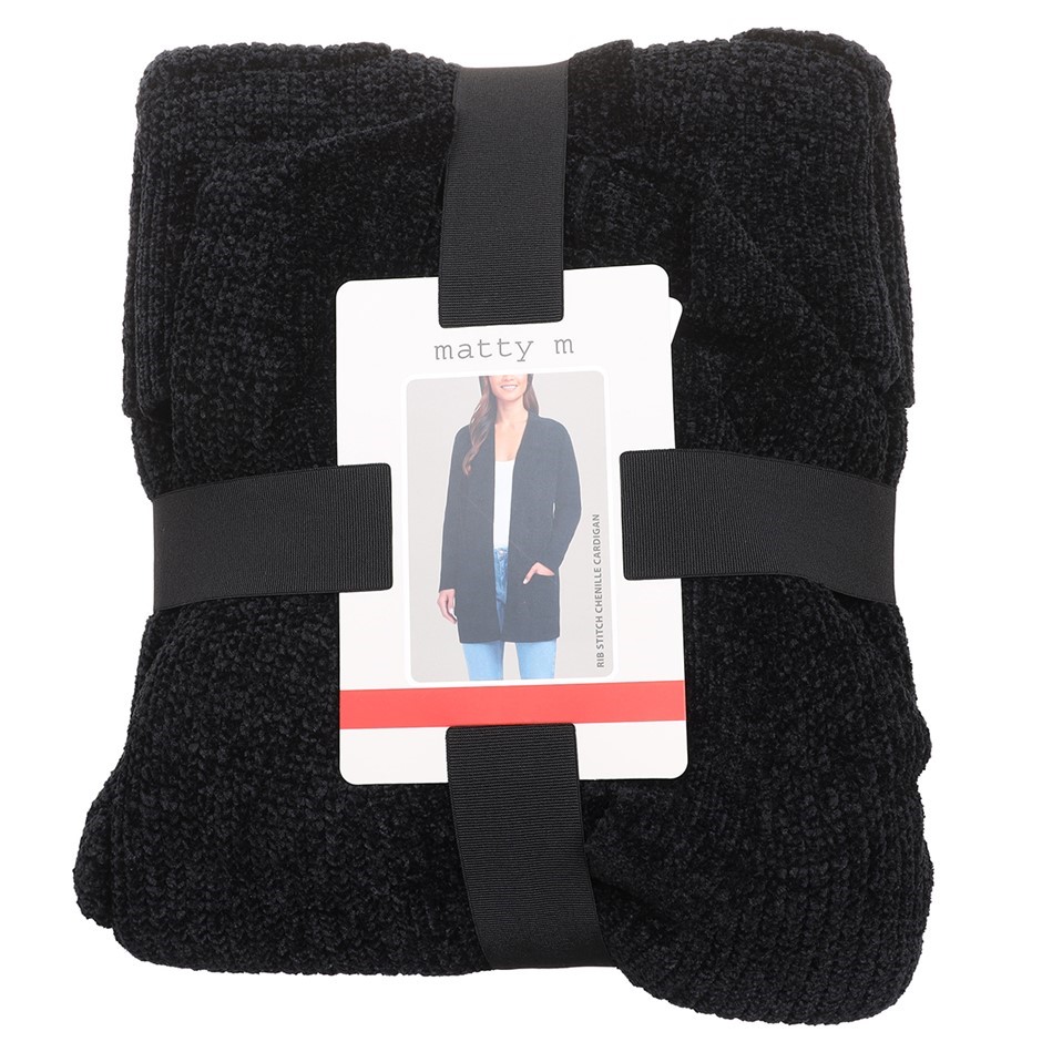 MATTY M Women's Rib Stitch Chenille Cardigan, Size M, 100% Polyester, Black