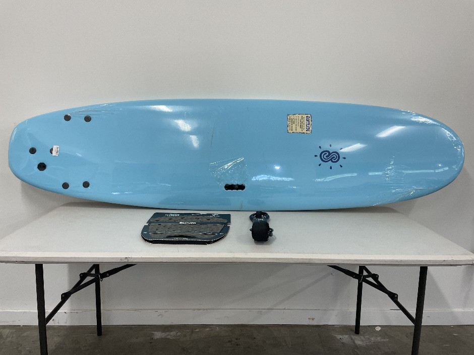 7’6” Softlite Sky Blue Surfboard and accessories