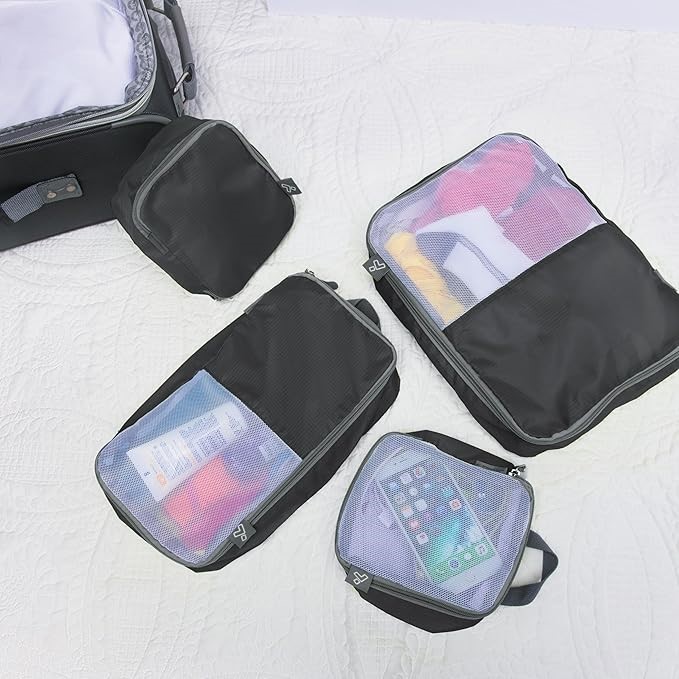TRAVELON Set of 4 Soft Packing Organizers, Black, Small:6"x7"x3" Medium:7"x