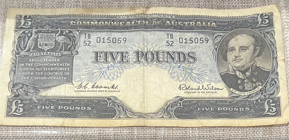 1960 Commonwealth of Australia Five Pound Banknotes Serial no 015059