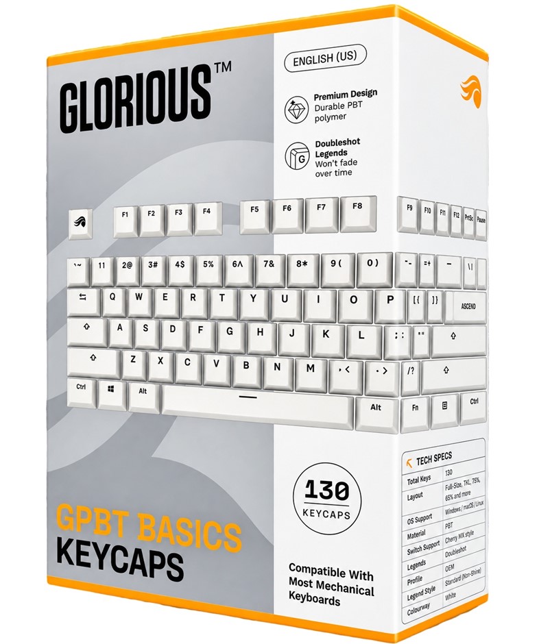 Glorious Gaming - GPBT Basics Keycaps (Classic White) - No-Fade Dye-Sublima