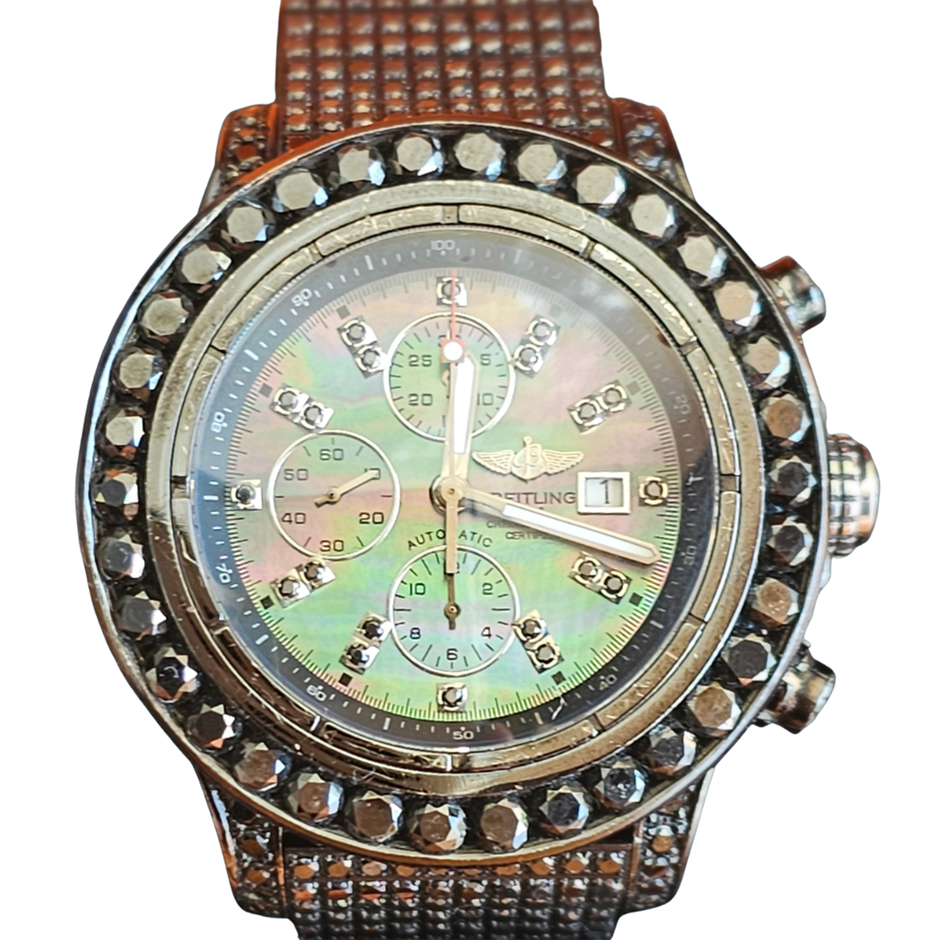BREITLING 46MM STAINLESS STEEL AUTOMATIC MOTHER OF PEARL DIAMOND WXO COA