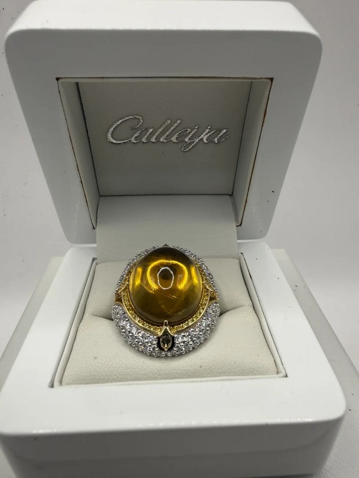 CALLEJA Aurelia Platinum & 18ct gold, 28.33 yellow Beryl Cabochon & Fancy Diamond Ring