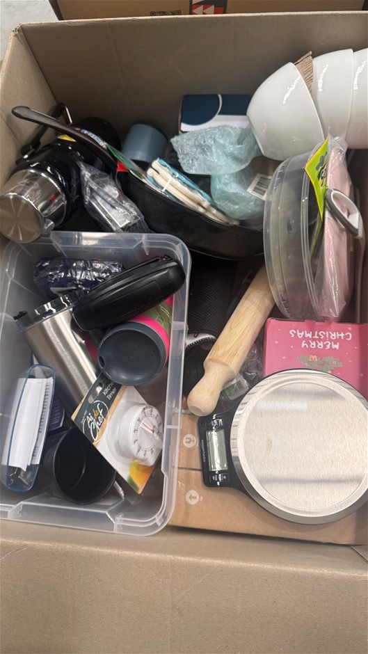 Assorted Box of Kitchenware Items including Pans, Rollers, Thermos and more