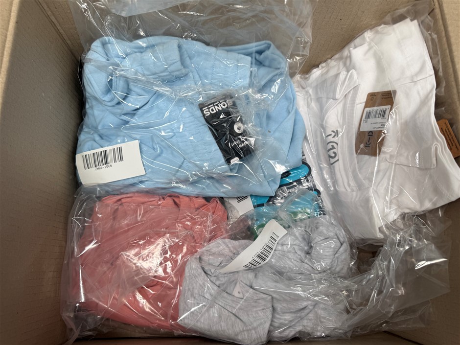 Assorted Box of Clothing Items including Pack of Shirts, Bonds Tracksuit an