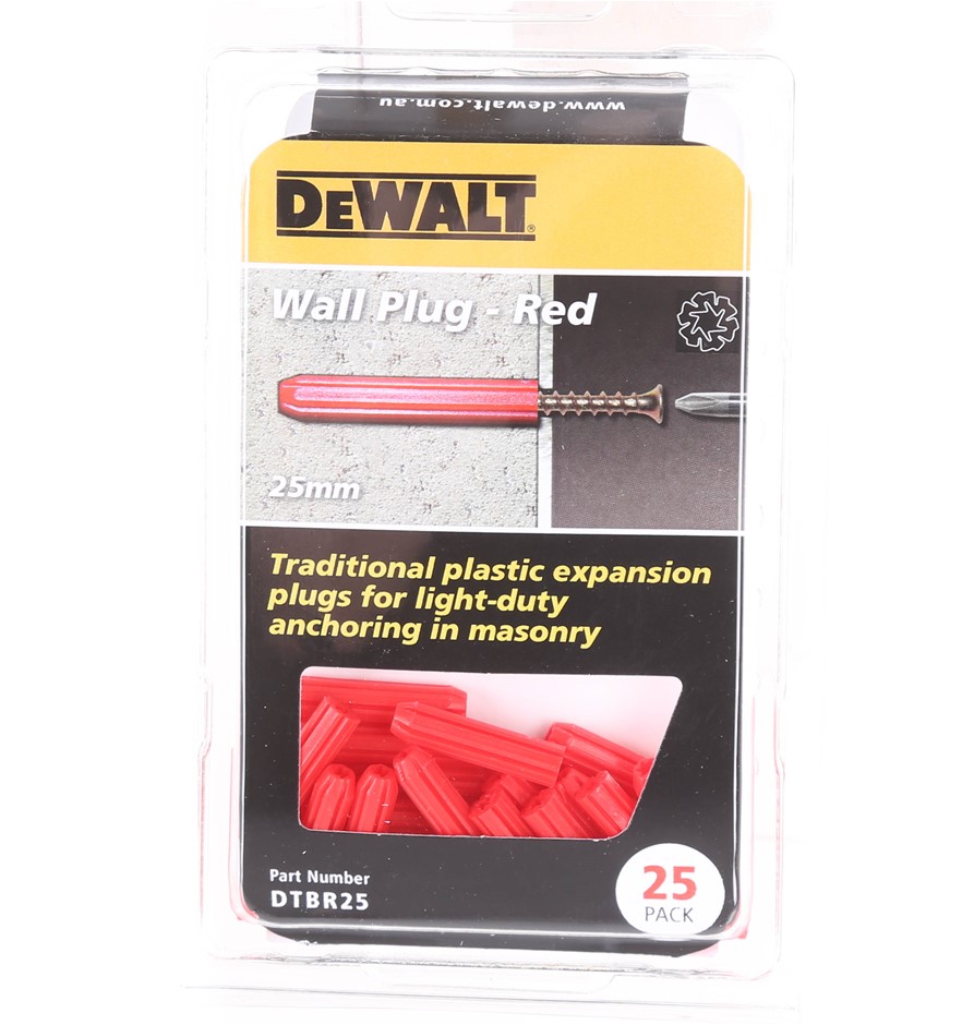 4 PACKETS of 25 x DeWALT Wall Plugs 25mm to suit 6mm Drill Diameter.