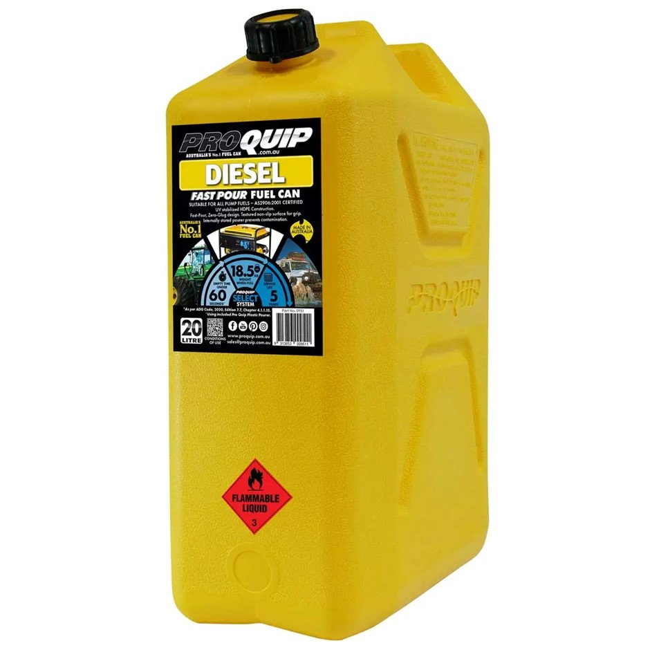 PRO QUIP Fast Pour Plastic Fuel Can 20L Diesel, Yellow.