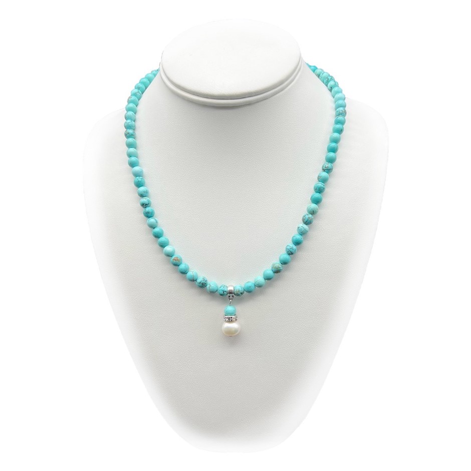 Turquoise with 9-10mm Pearl Platinum Plated Pendant Charm Necklace