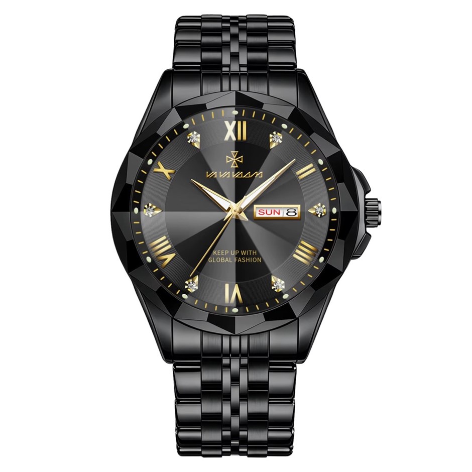 High Quality Simulated Diamond Men's Quartz Watch, Black/Gold
