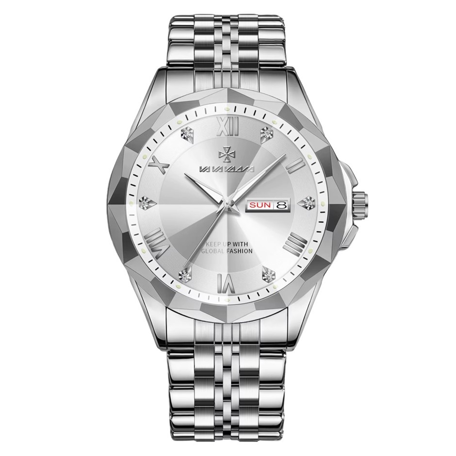 High Quality Simulated Diamond Men's Quartz Watch, Silver